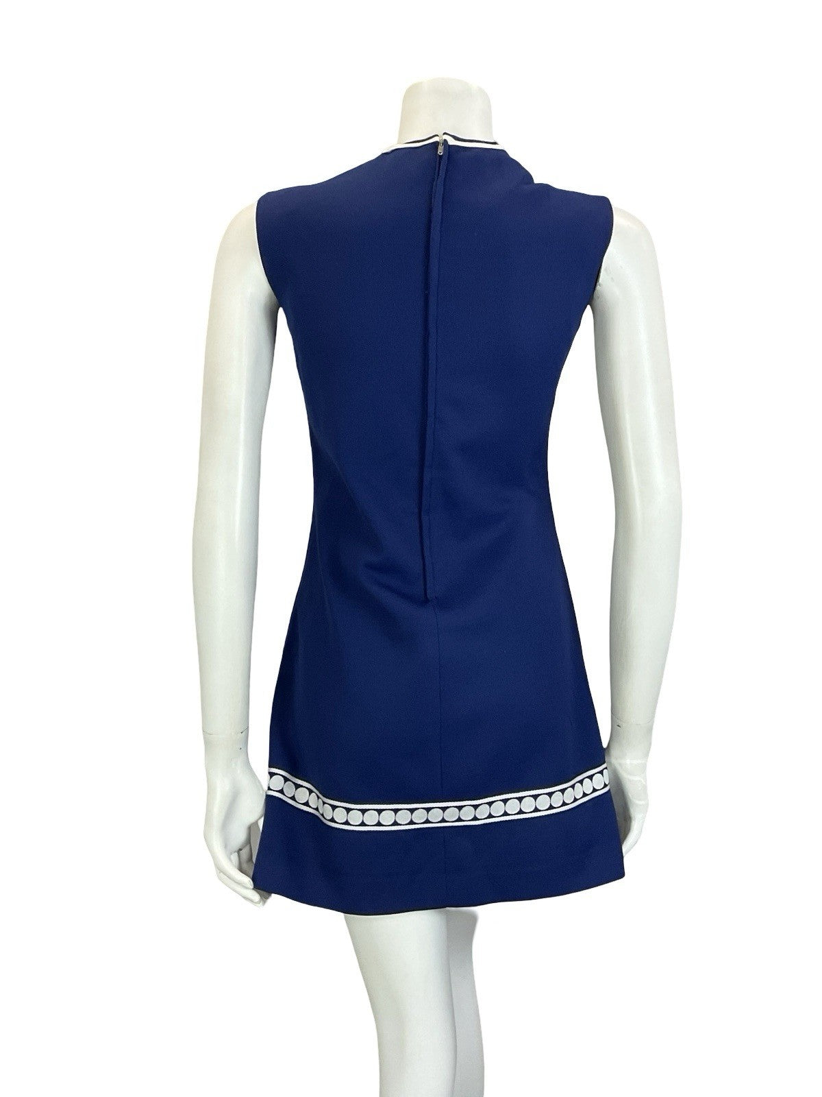 VTG 60S MOD SCOOTER GOGO GEOMETRIC NAVY BLUE WHITE DOT EMPIRE MINI DRESS 6