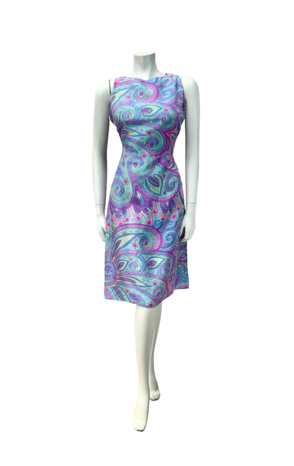 VTG 60S PURPLE BLUE PINK GREEN PSYCHEDELIC SWIRL PAISLEY MOD KEYHOLE DRESS 10
