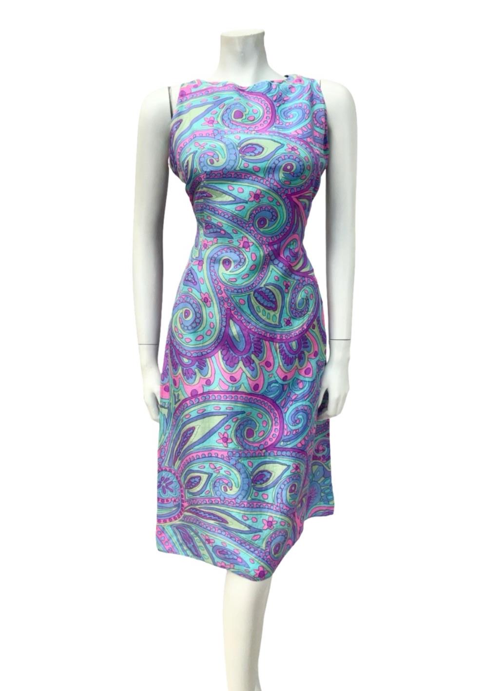 VTG 60S PURPLE BLUE PINK GREEN PSYCHEDELIC SWIRL PAISLEY MOD KEYHOLE DRESS 10
