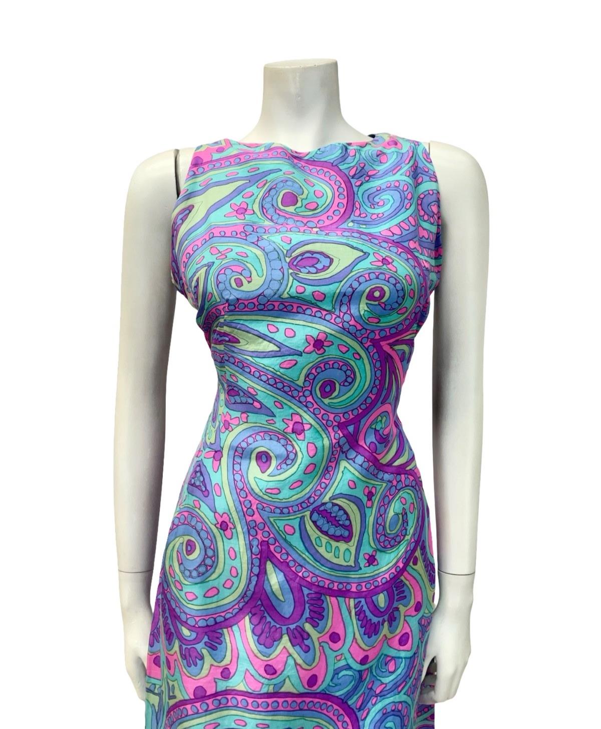 VTG 60S PURPLE BLUE PINK GREEN PSYCHEDELIC SWIRL PAISLEY MOD KEYHOLE DRESS 10