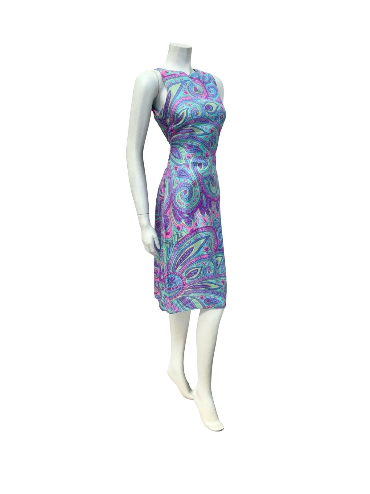 VTG 60S PURPLE BLUE PINK GREEN PSYCHEDELIC SWIRL PAISLEY MOD KEYHOLE DRESS 10