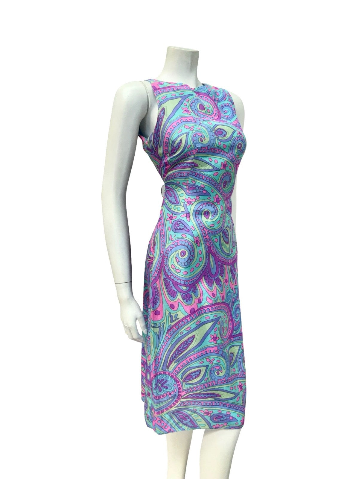 VTG 60S PURPLE BLUE PINK GREEN PSYCHEDELIC SWIRL PAISLEY MOD KEYHOLE DRESS 10