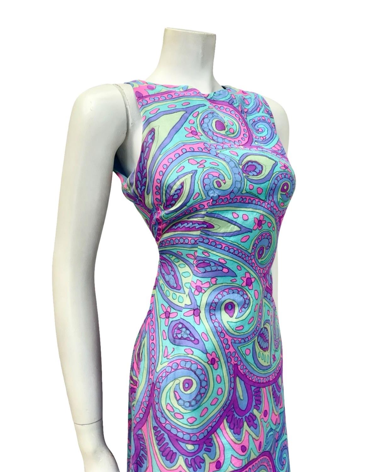 VTG 60S PURPLE BLUE PINK GREEN PSYCHEDELIC SWIRL PAISLEY MOD KEYHOLE DRESS 10