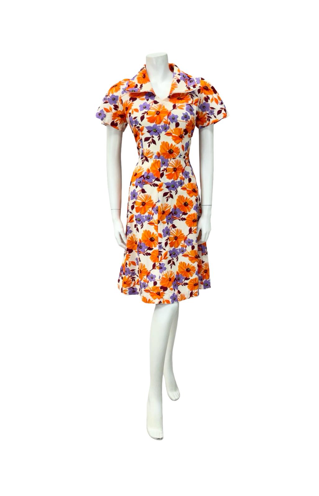VTG 60S CREAM ORANGE PURPLE FLORAL OPEN COLLAR SWING TEA DRESS 8