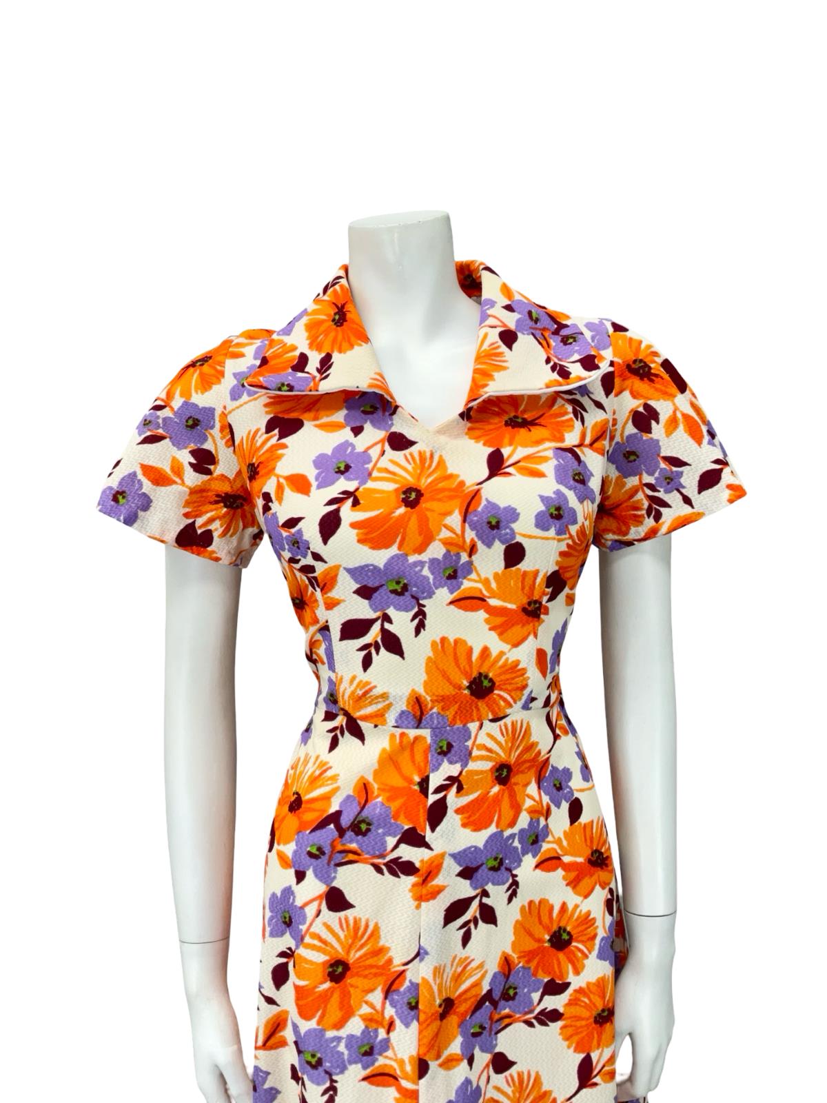 VTG 60S CREAM ORANGE PURPLE FLORAL OPEN COLLAR SWING TEA DRESS 8