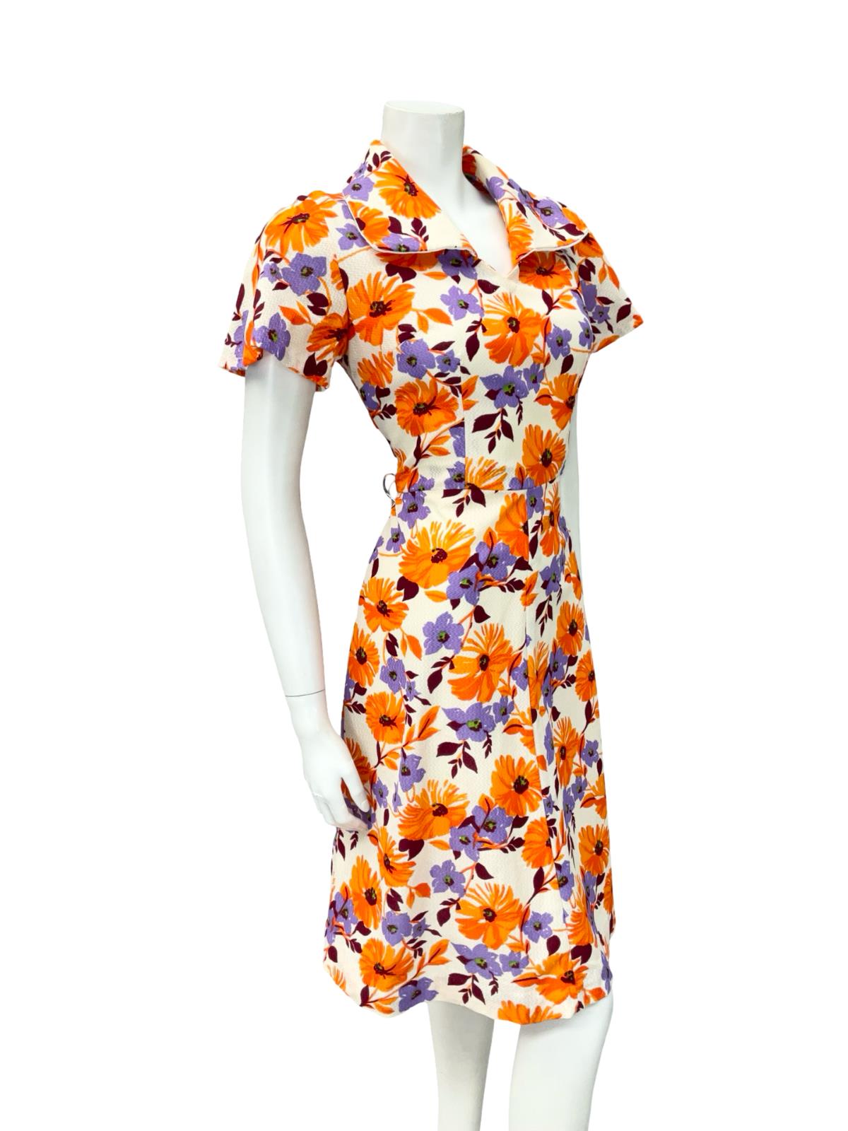 VTG 60S CREAM ORANGE PURPLE FLORAL OPEN COLLAR SWING TEA DRESS 8