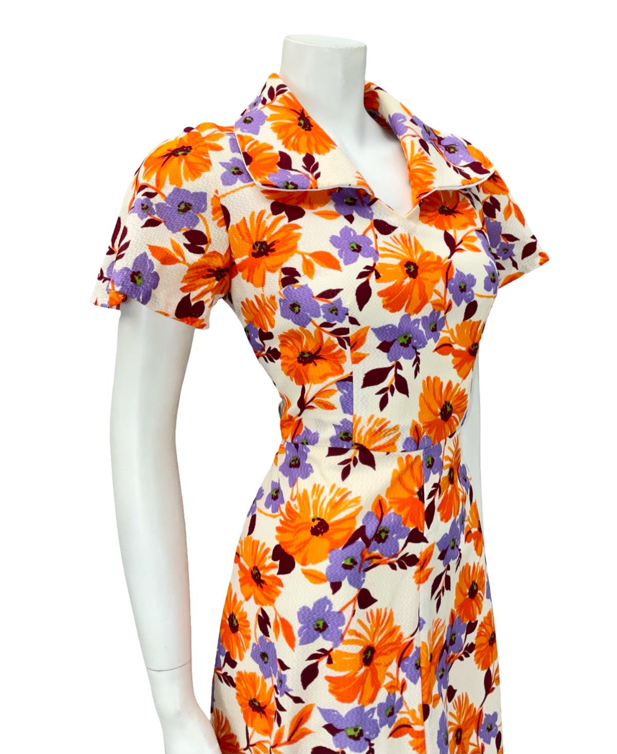 VTG 60S CREAM ORANGE PURPLE FLORAL OPEN COLLAR SWING TEA DRESS 8