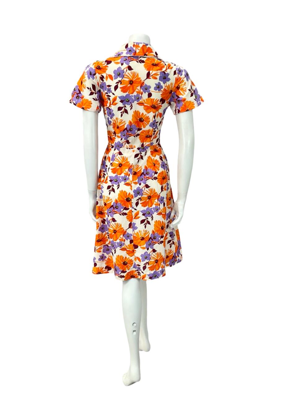 VTG 60S CREAM ORANGE PURPLE FLORAL OPEN COLLAR SWING TEA DRESS 8