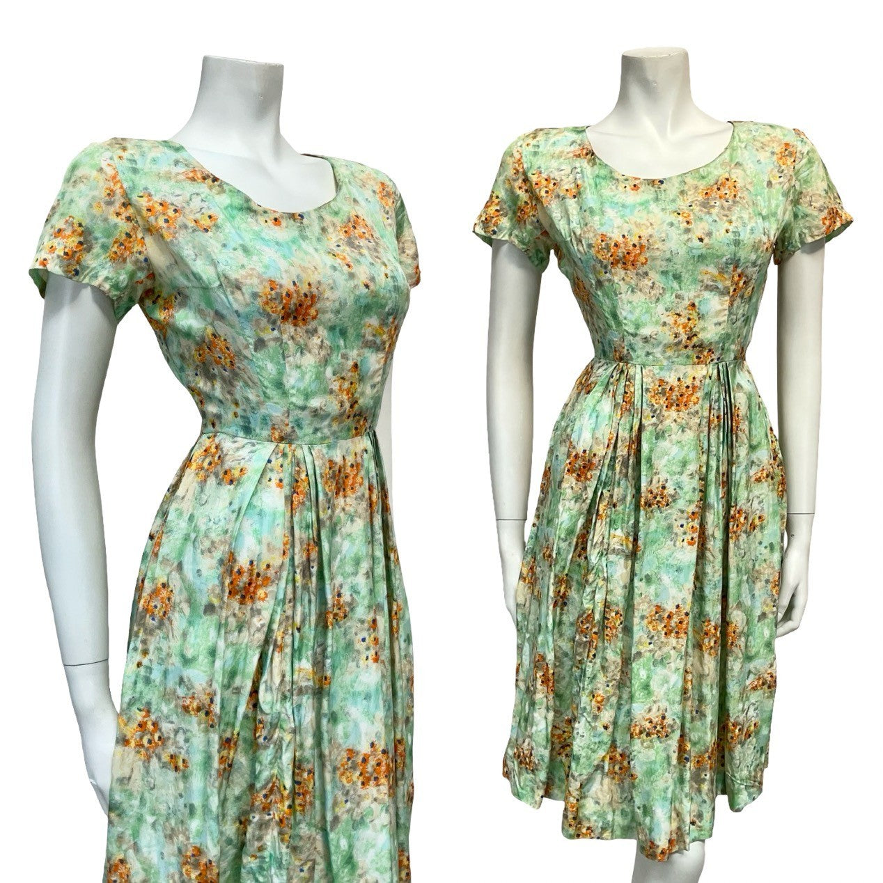VTG 50S 60S GREEN BLUE ORANGE FLORAL PLEATED ROCKABILLY SWING DRESS 10 8 S