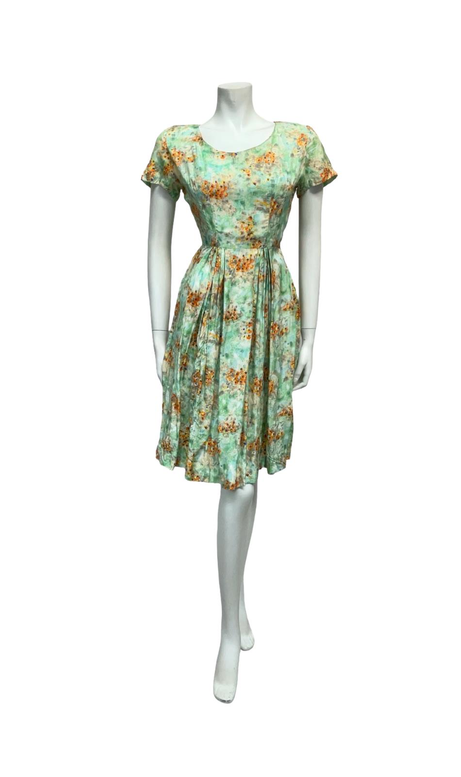 VTG 50S 60S GREEN BLUE ORANGE FLORAL PLEATED ROCKABILLY SWING DRESS 10 8 S