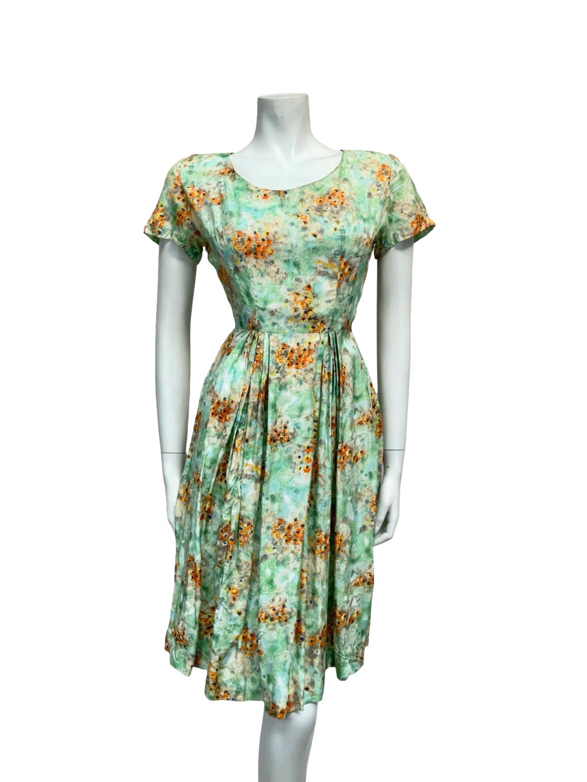 VTG 50S 60S GREEN BLUE ORANGE FLORAL PLEATED ROCKABILLY SWING DRESS 10 8 S
