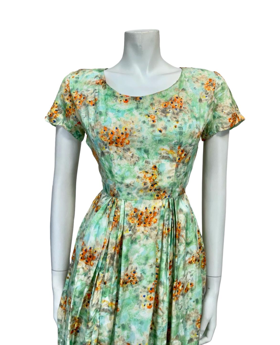 VTG 50S 60S GREEN BLUE ORANGE FLORAL PLEATED ROCKABILLY SWING DRESS 10 8 S