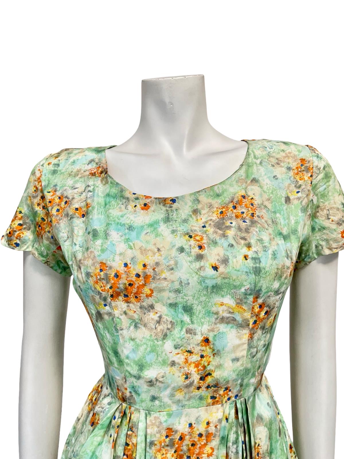 VTG 50S 60S GREEN BLUE ORANGE FLORAL PLEATED ROCKABILLY SWING DRESS 10 8 S