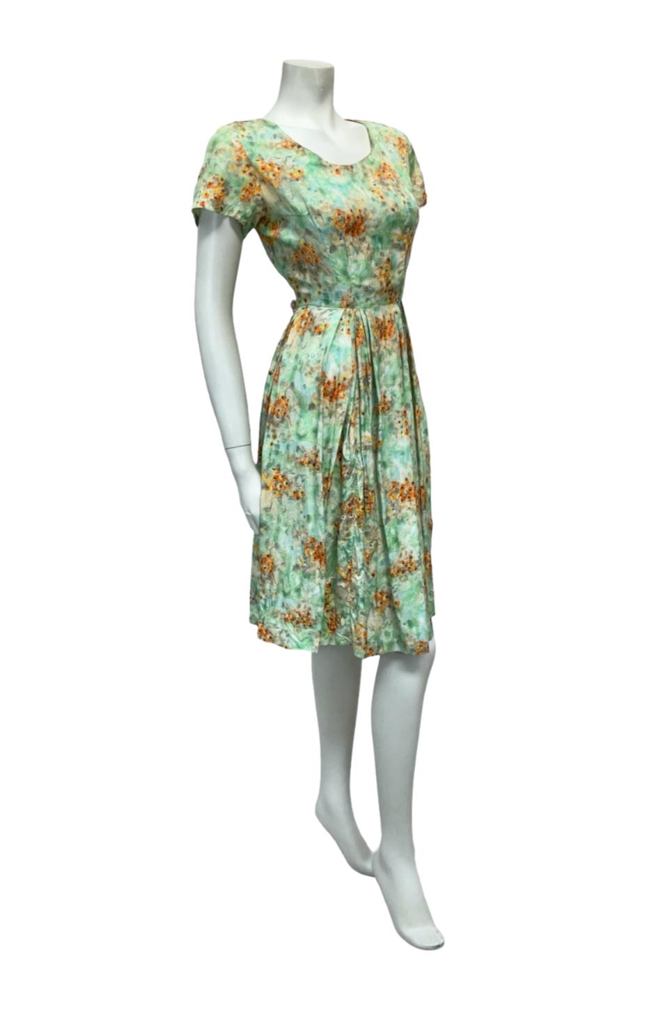 VTG 50S 60S GREEN BLUE ORANGE FLORAL PLEATED ROCKABILLY SWING DRESS 10 8 S