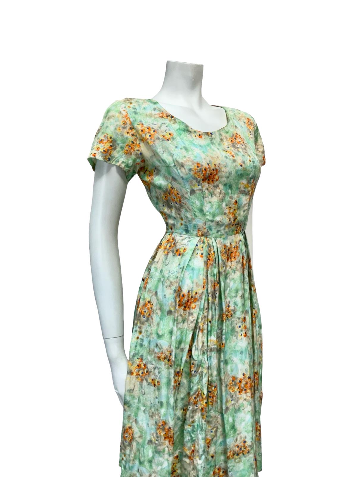 VTG 50S 60S GREEN BLUE ORANGE FLORAL PLEATED ROCKABILLY SWING DRESS 10 8 S