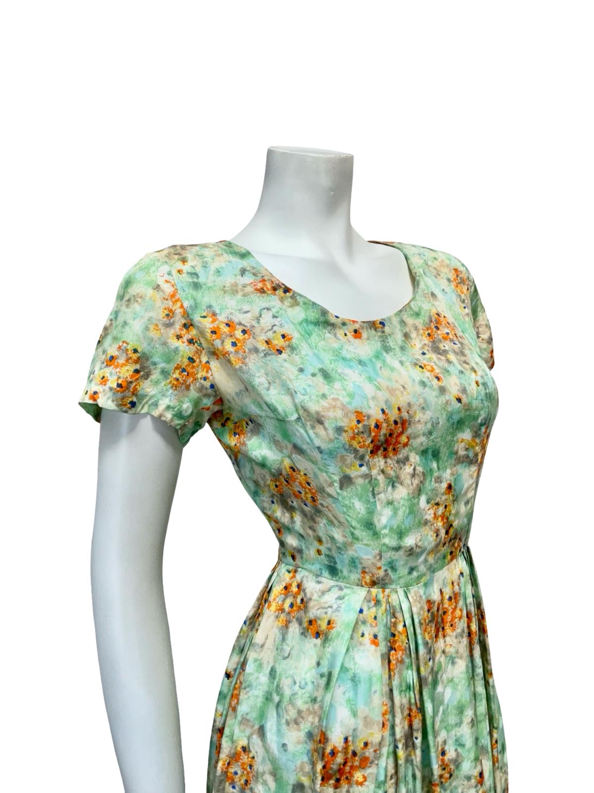 VTG 50S 60S GREEN BLUE ORANGE FLORAL PLEATED ROCKABILLY SWING DRESS 10 8 S