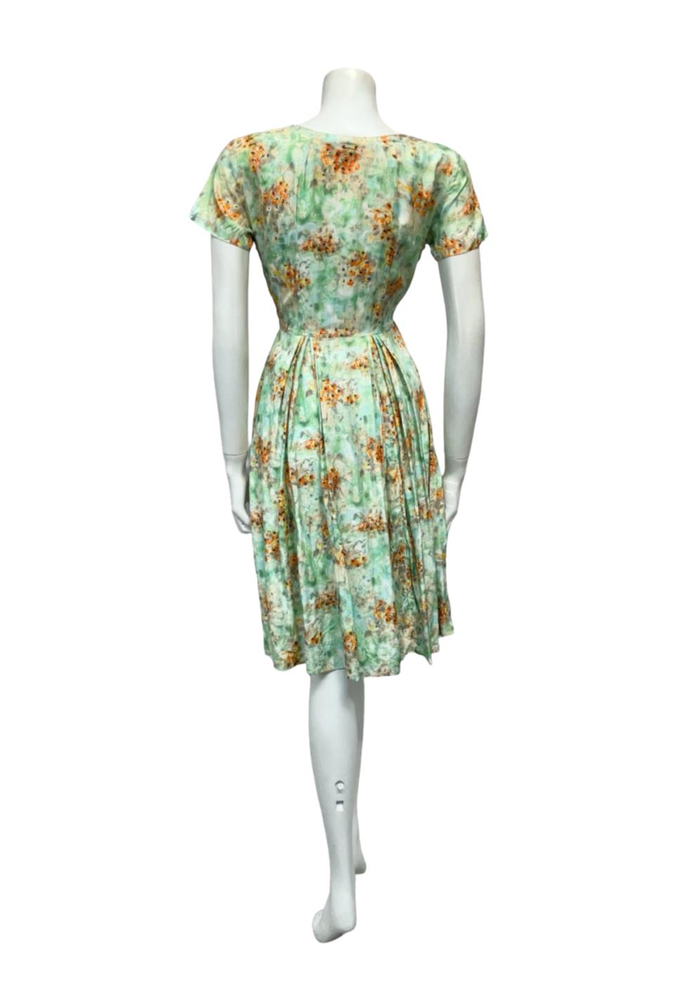 VTG 50S 60S GREEN BLUE ORANGE FLORAL PLEATED ROCKABILLY SWING DRESS 10 8 S