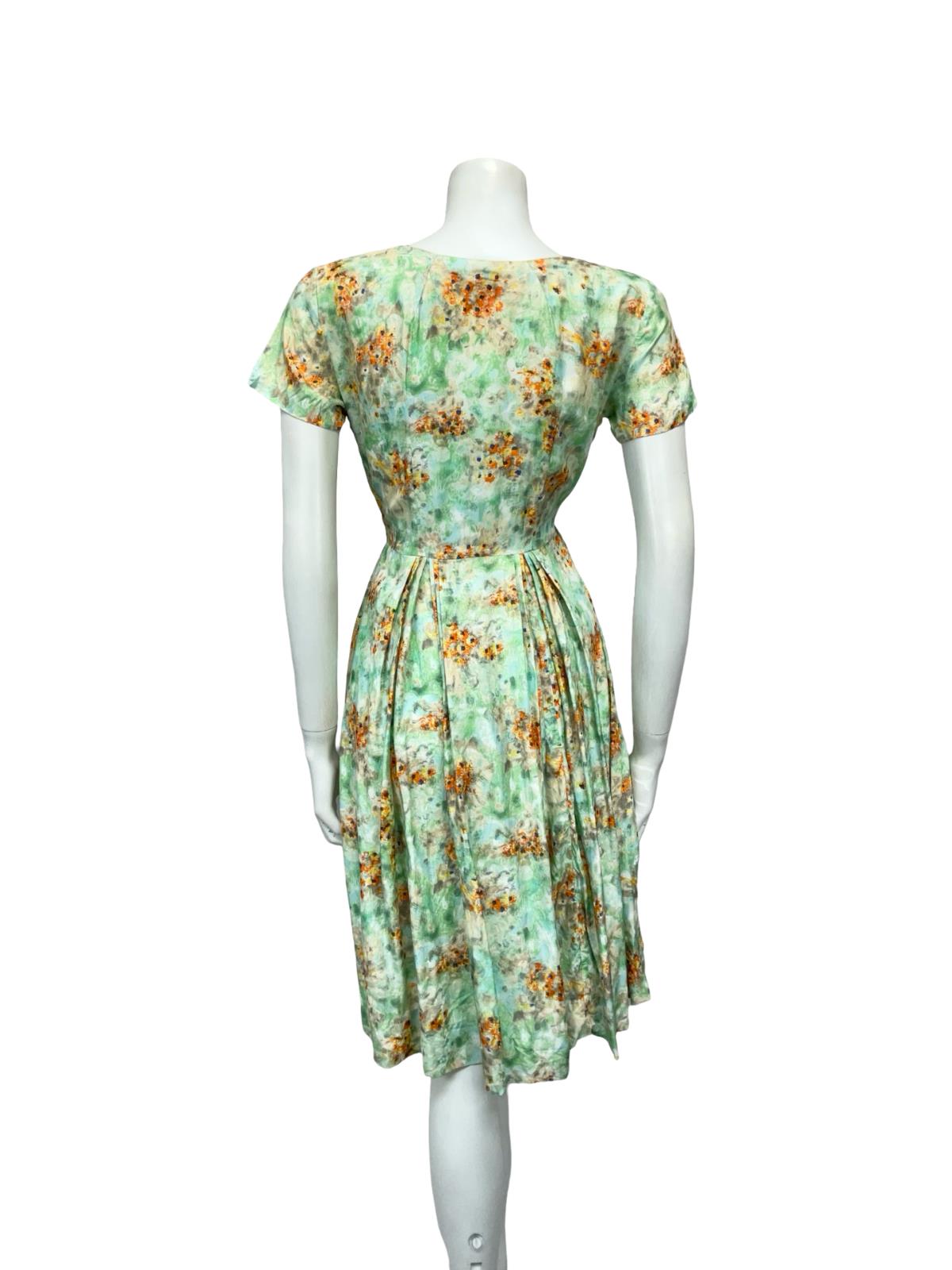 VTG 50S 60S GREEN BLUE ORANGE FLORAL PLEATED ROCKABILLY SWING DRESS 10 8 S