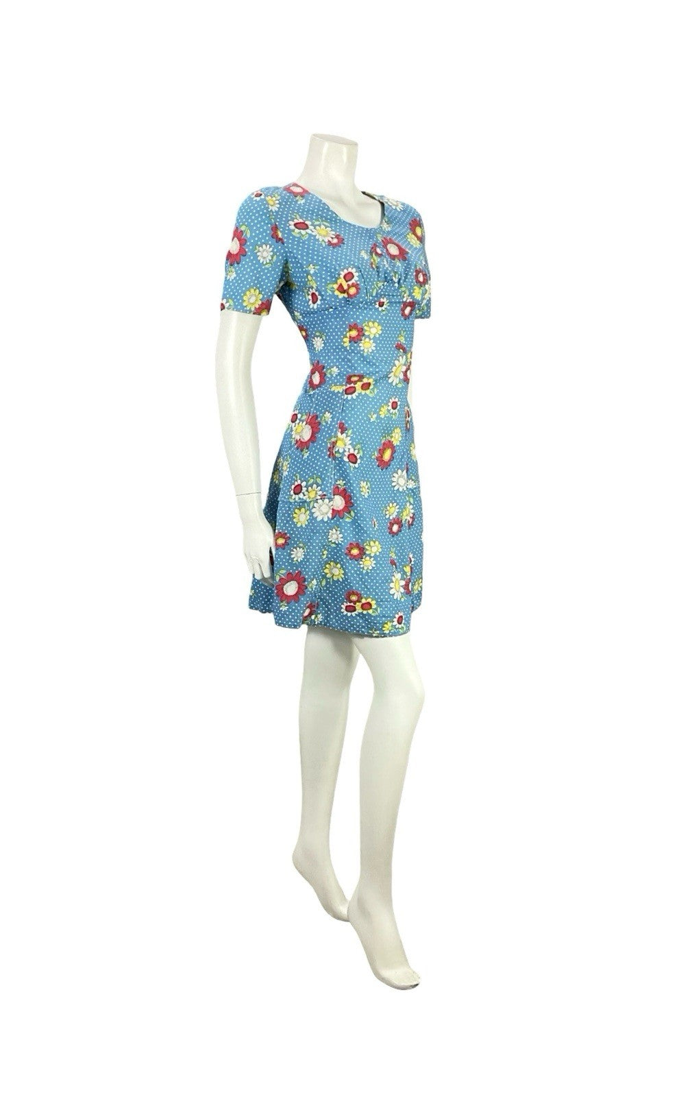 VTG 60S 70S BLUE WHITE RED YELLOW POLKA DOT MOD FORAL EMPIRE MINI DRESS 8