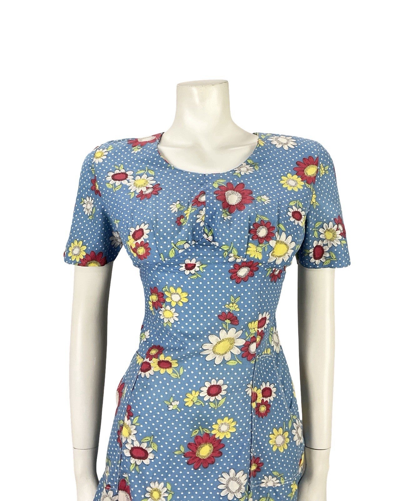 VTG 60S 70S BLUE WHITE RED YELLOW POLKA DOT MOD FORAL EMPIRE MINI DRESS 8