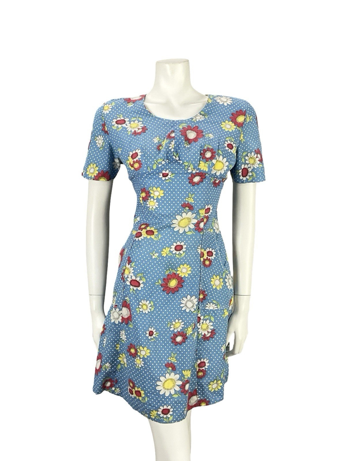 VTG 60S 70S BLUE WHITE RED YELLOW POLKA DOT MOD FORAL EMPIRE MINI DRESS 8