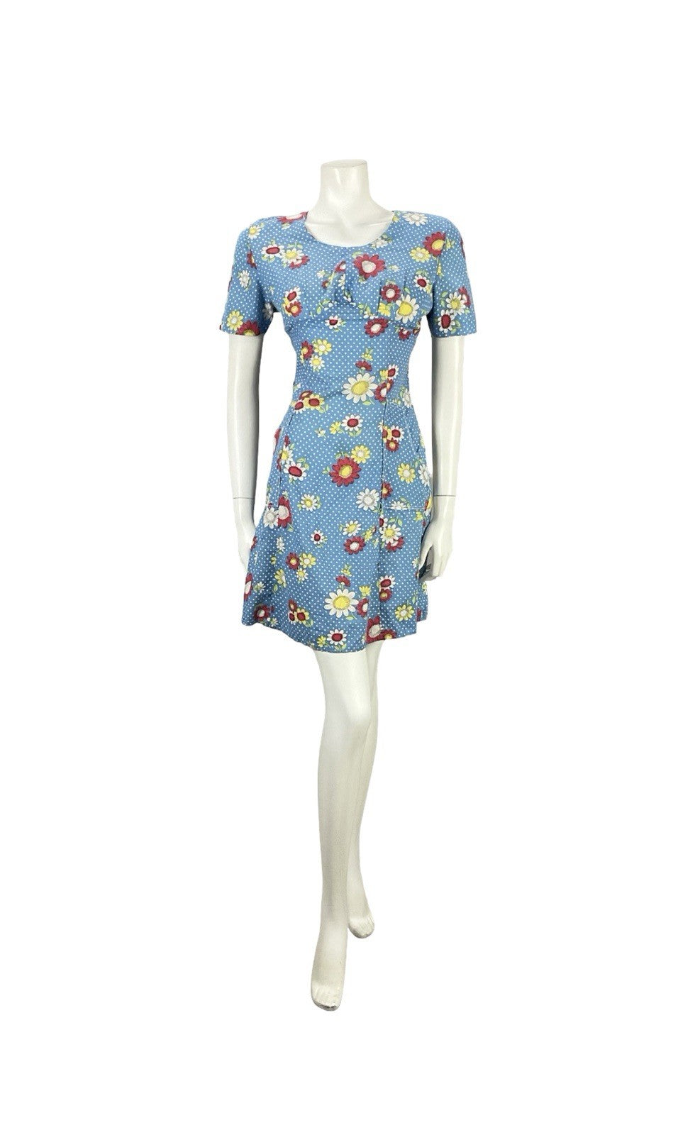 VTG 60S 70S BLUE WHITE RED YELLOW POLKA DOT MOD FORAL EMPIRE MINI DRESS 8