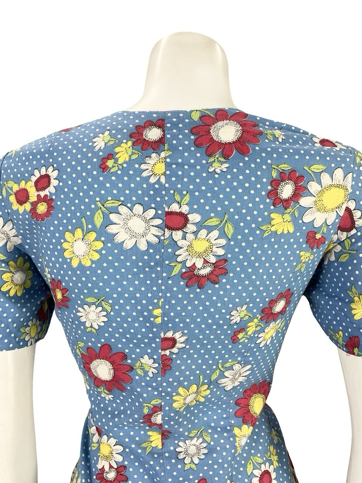 VTG 60S 70S BLUE WHITE RED YELLOW POLKA DOT MOD FORAL EMPIRE MINI DRESS 8