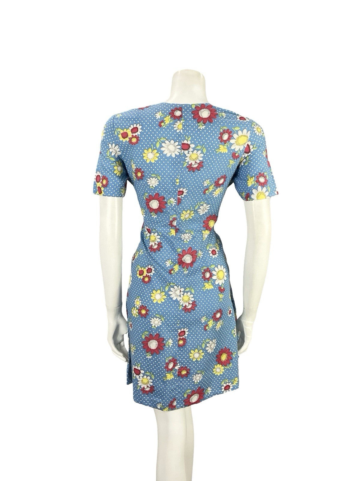 VTG 60S 70S BLUE WHITE RED YELLOW POLKA DOT MOD FORAL EMPIRE MINI DRESS 8