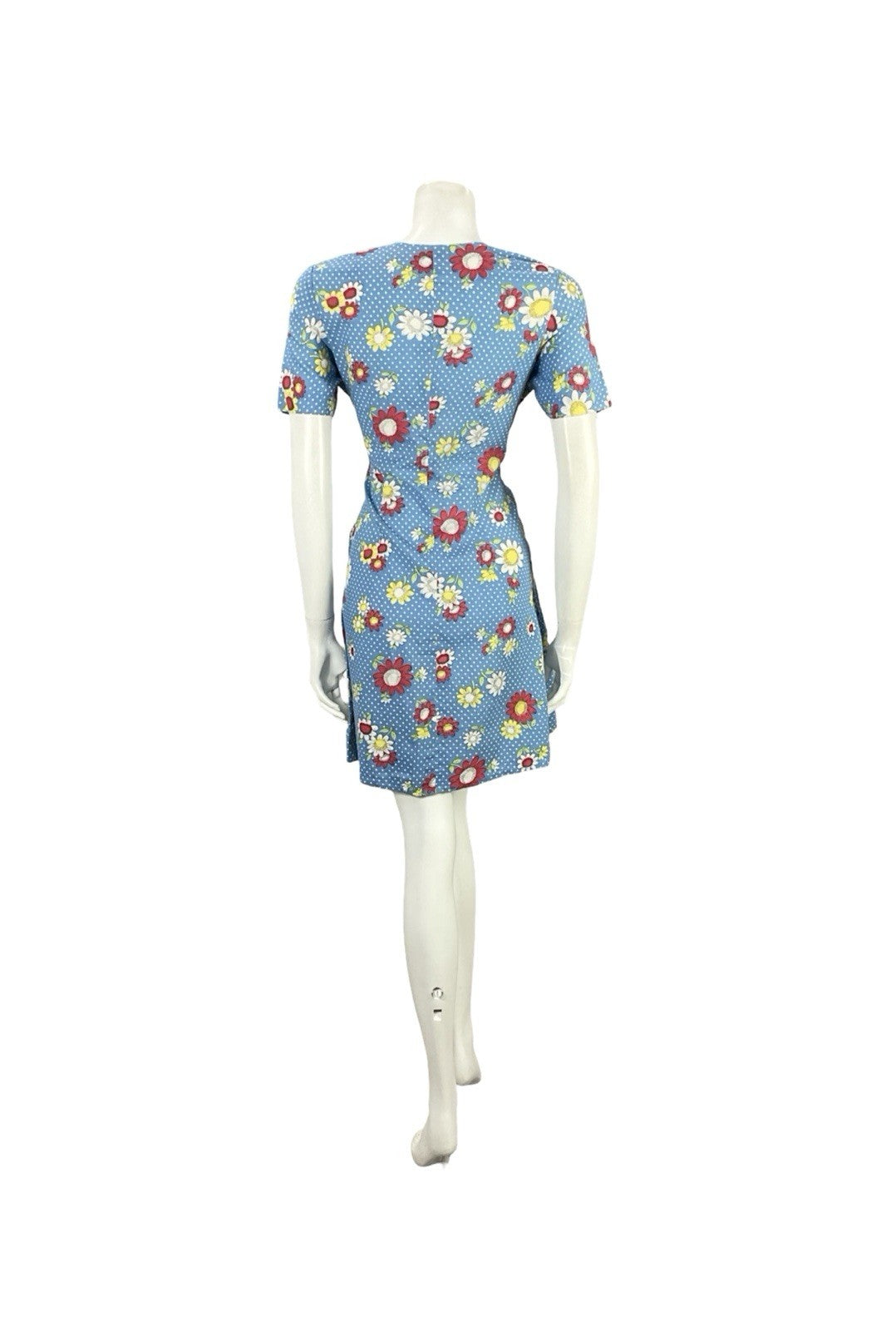 VTG 60S 70S BLUE WHITE RED YELLOW POLKA DOT MOD FORAL EMPIRE MINI DRESS 8