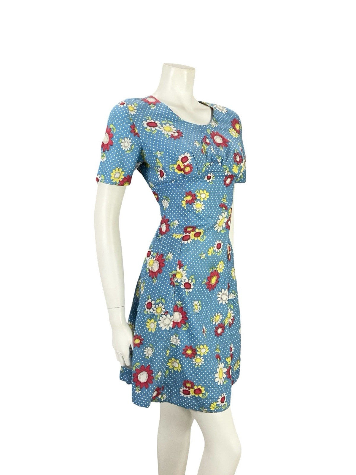 VTG 60S 70S BLUE WHITE RED YELLOW POLKA DOT MOD FORAL EMPIRE MINI DRESS 8