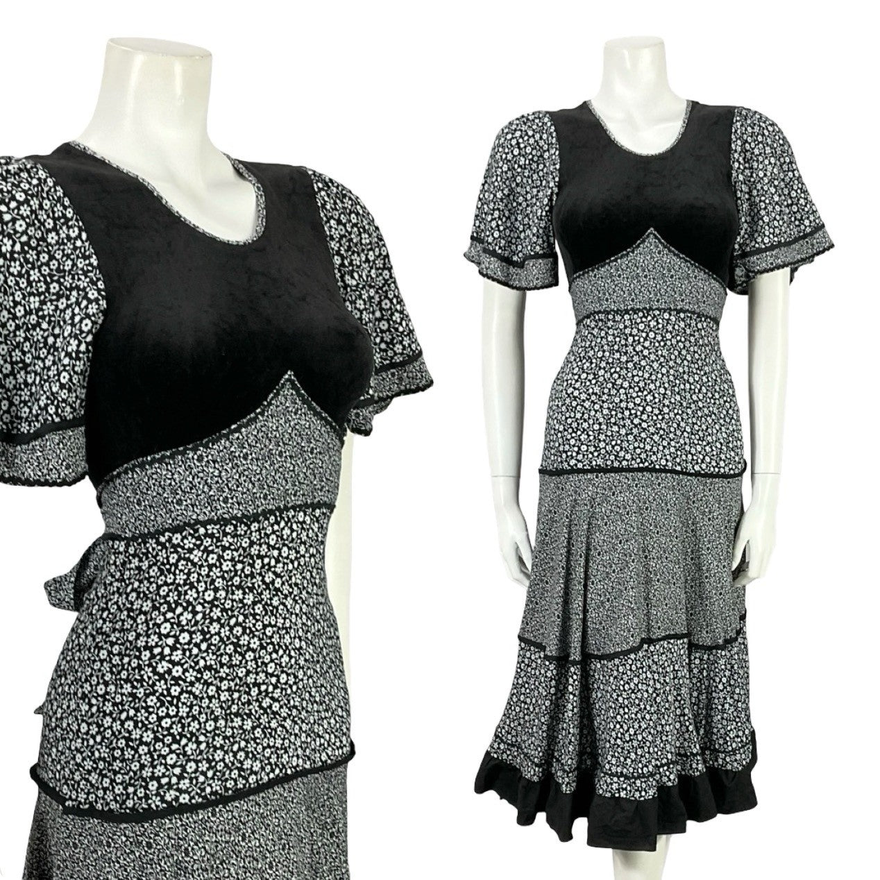 VTG 70S BOHO PRAIRIE BLACK WHITE TIERED TIE WAIST DITSY FLORAL DRESS 4 6