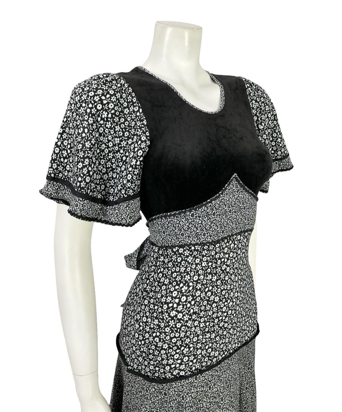 VTG 70S BOHO PRAIRIE BLACK WHITE TIERED TIE WAIST DITSY FLORAL DRESS 4 6