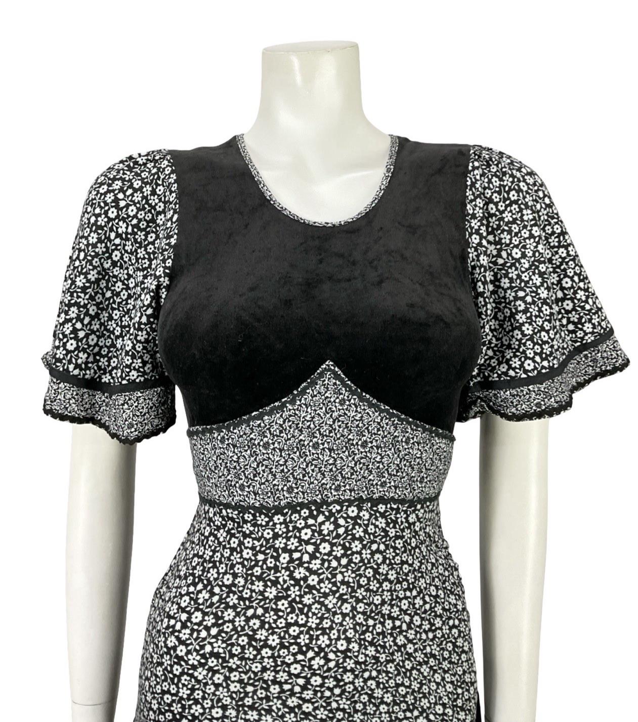 VTG 70S BOHO PRAIRIE BLACK WHITE TIERED TIE WAIST DITSY FLORAL DRESS 4 6
