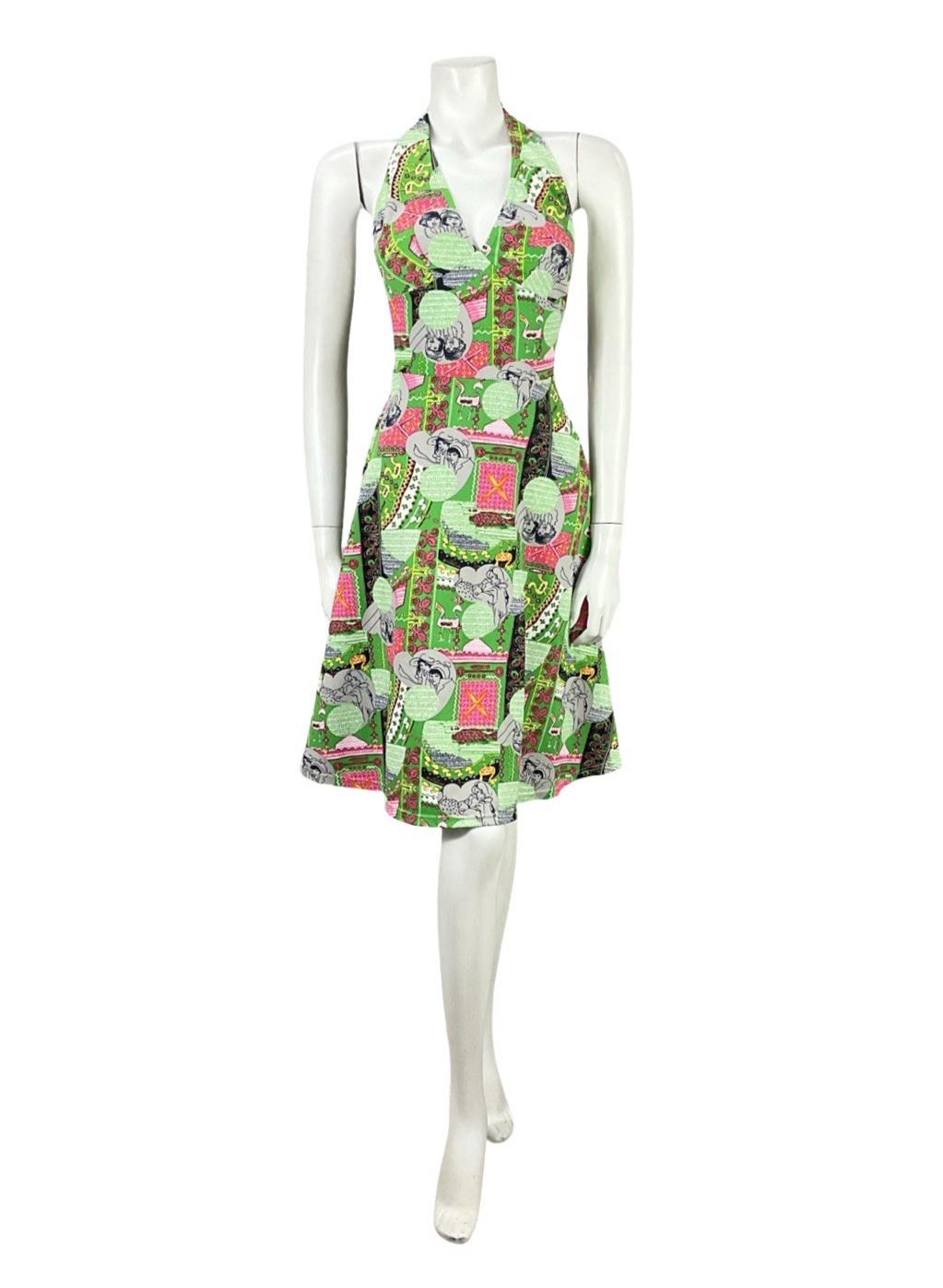 VTG 60S GREEN PINK GREY GEOMETRIC MOD WOMAN PRINT HALTER NECK A LINE DRESS 8