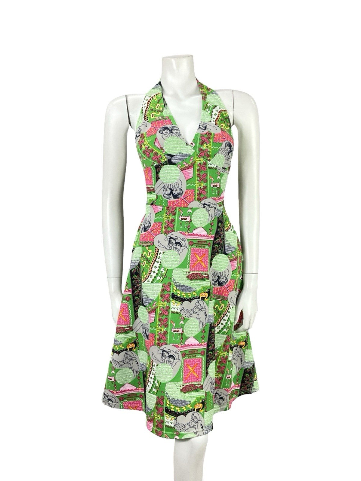 VTG 60S GREEN PINK GREY GEOMETRIC MOD WOMAN PRINT HALTER NECK A LINE DRESS 8