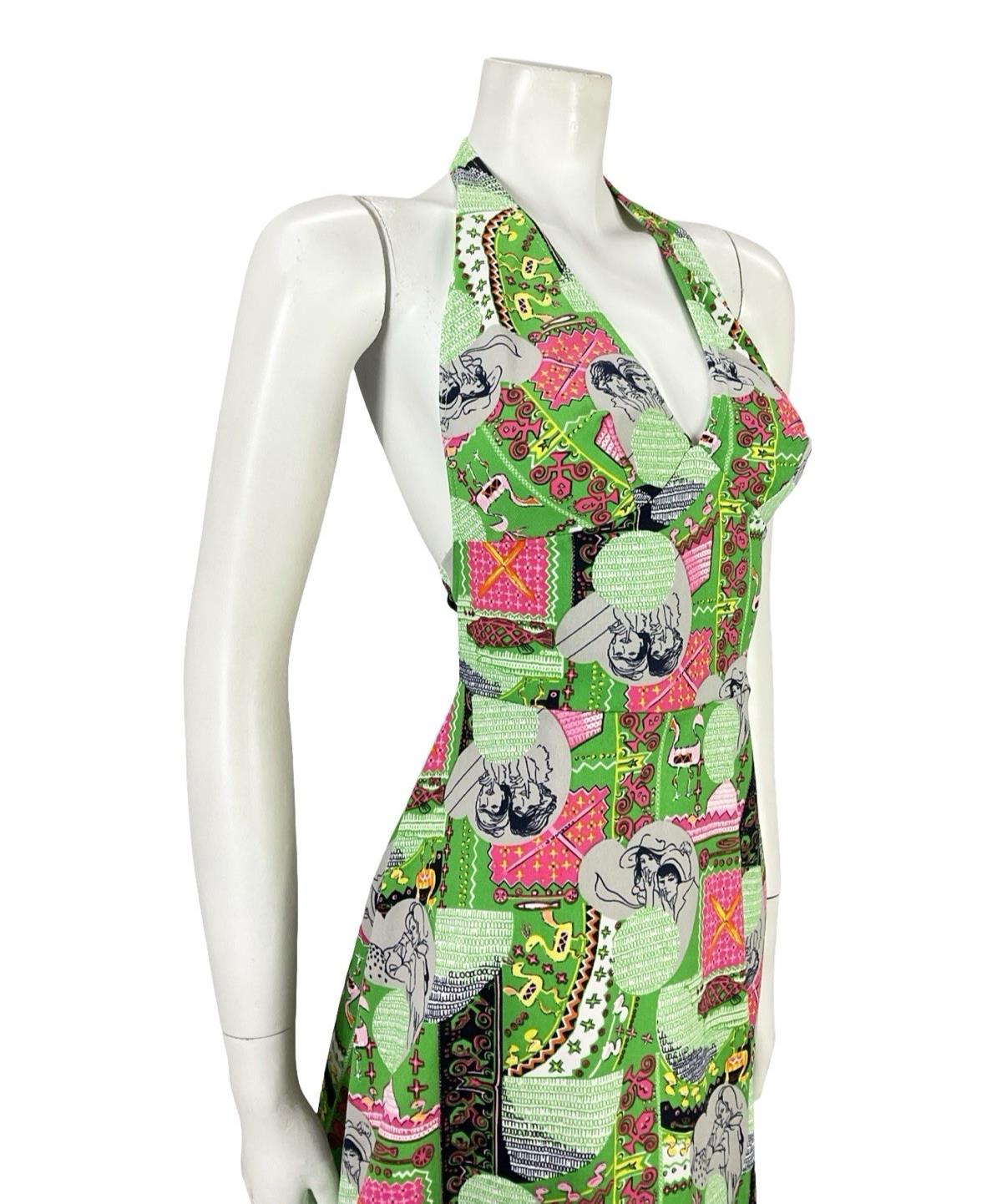 VTG 60S GREEN PINK GREY GEOMETRIC MOD WOMAN PRINT HALTER NECK A LINE DRESS 8