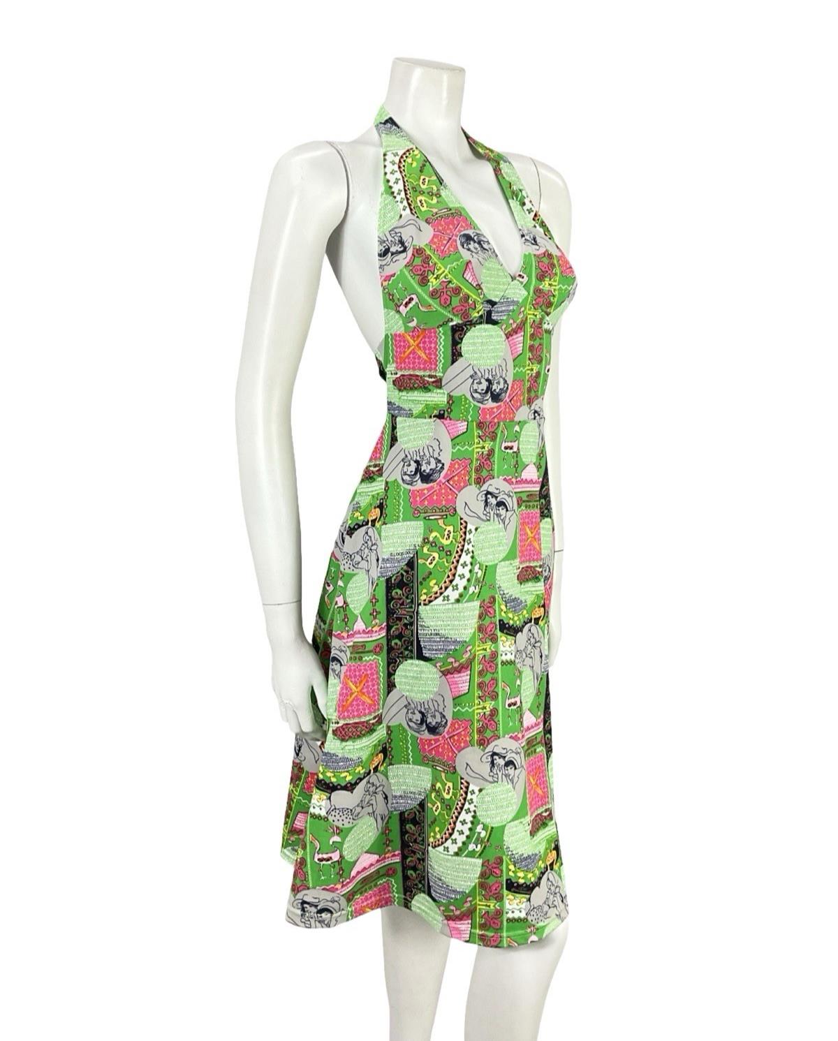 VTG 60S GREEN PINK GREY GEOMETRIC MOD WOMAN PRINT HALTER NECK A LINE DRESS 8