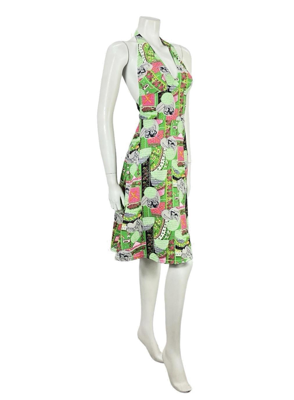 VTG 60S GREEN PINK GREY GEOMETRIC MOD WOMAN PRINT HALTER NECK A LINE DRESS 8