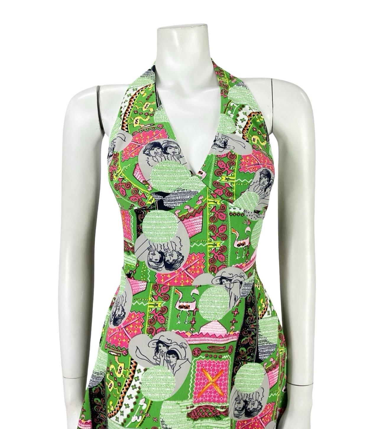 VTG 60S GREEN PINK GREY GEOMETRIC MOD WOMAN PRINT HALTER NECK A LINE DRESS 8