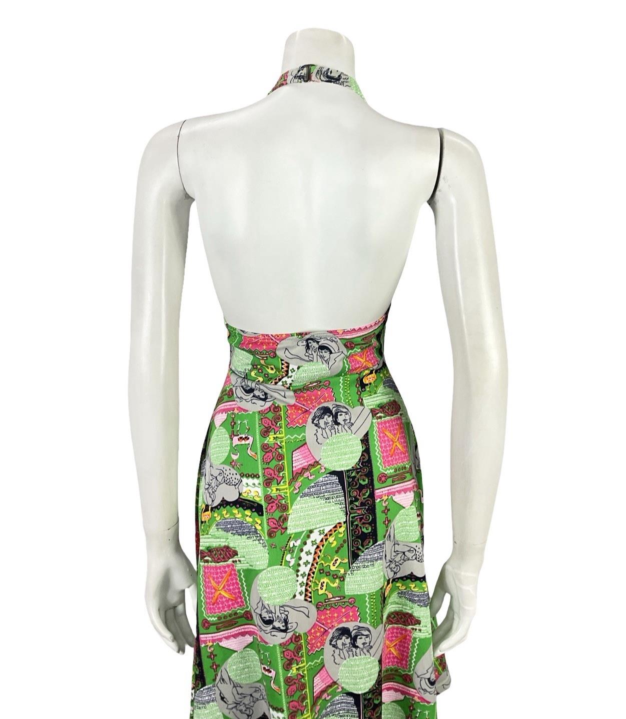 VTG 60S GREEN PINK GREY GEOMETRIC MOD WOMAN PRINT HALTER NECK A LINE DRESS 8