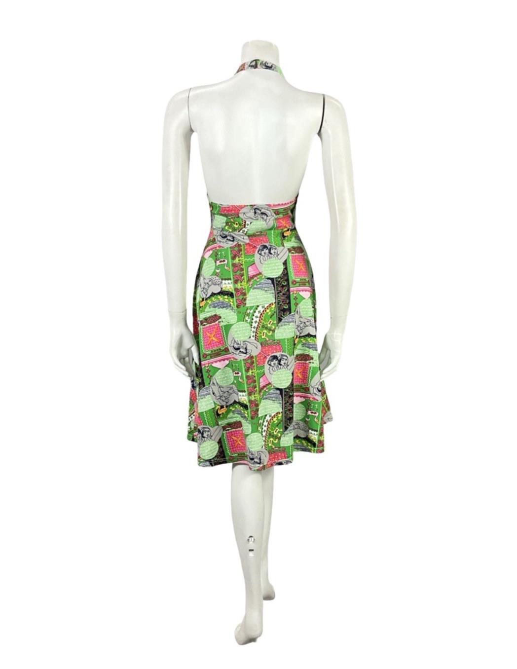 VTG 60S GREEN PINK GREY GEOMETRIC MOD WOMAN PRINT HALTER NECK A LINE DRESS 8