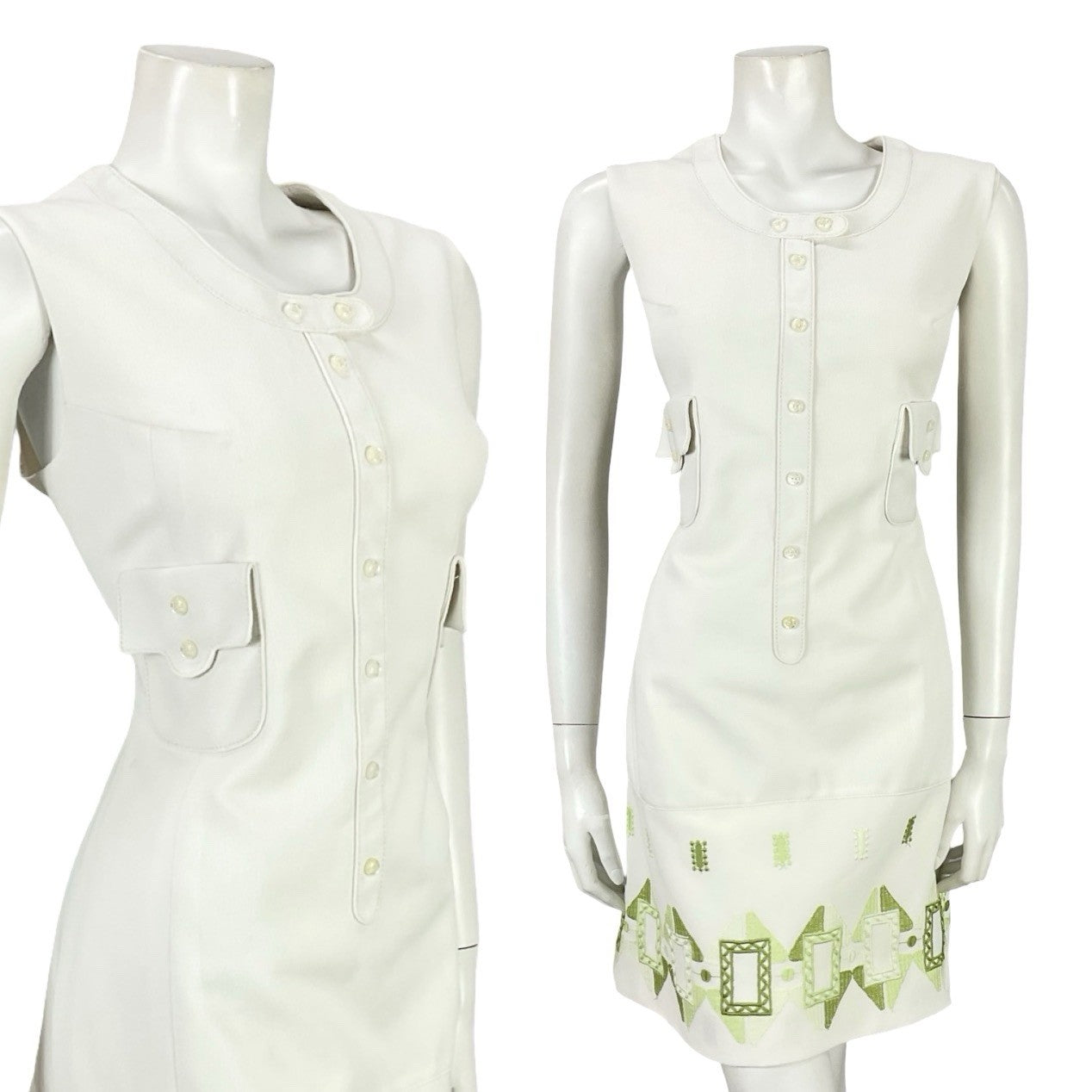 VTG 60S 70S LUCIE LINDEN WHITE GREEN GEOMETRIC MOD EMBROIDERED SHIFT DRESS 12 14