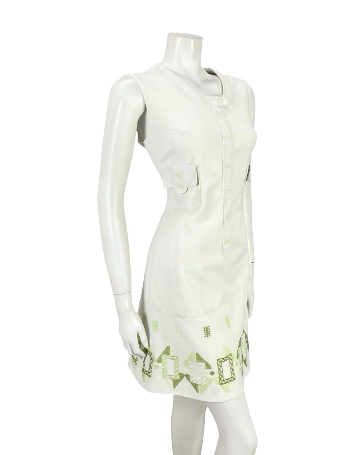 VTG 60S 70S LUCIE LINDEN WHITE GREEN GEOMETRIC MOD EMBROIDERED SHIFT DRESS 12 14