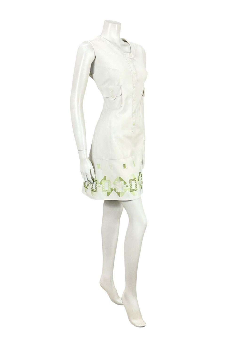VTG 60S 70S LUCIE LINDEN WHITE GREEN GEOMETRIC MOD EMBROIDERED SHIFT DRESS 12 14