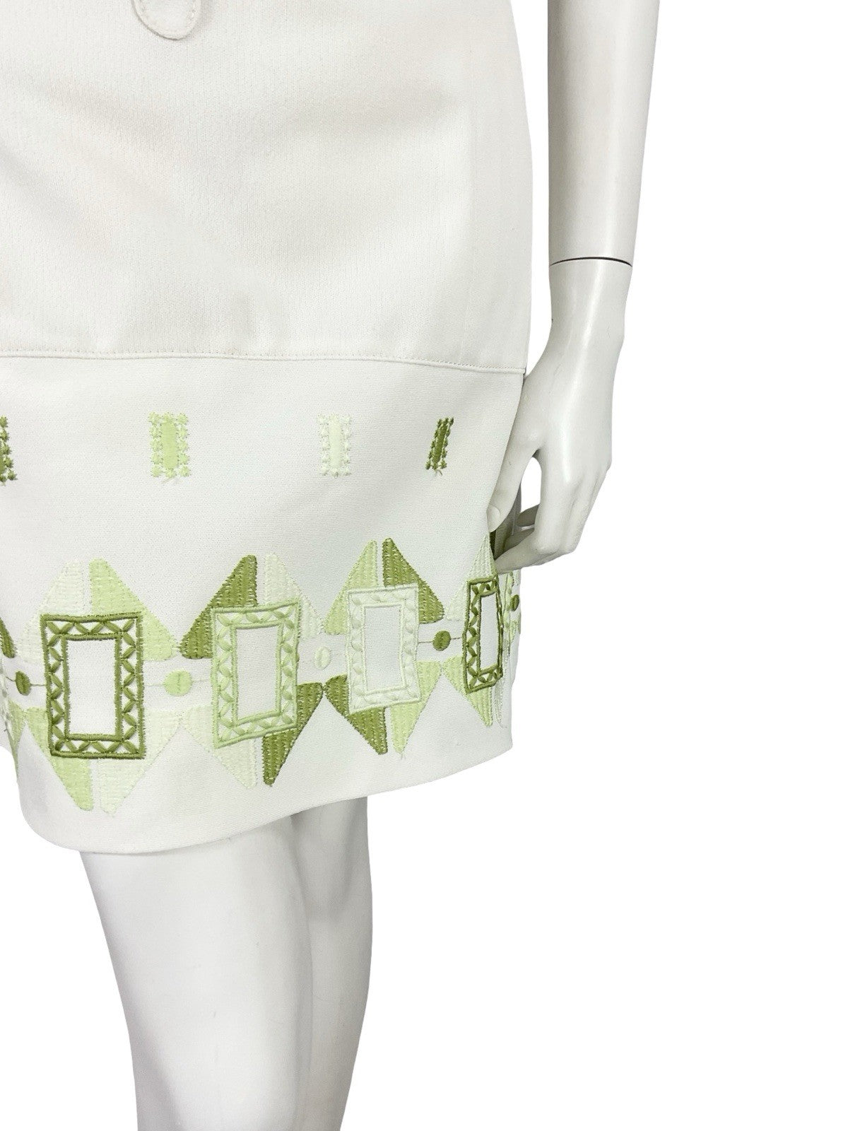 VTG 60S 70S LUCIE LINDEN WHITE GREEN GEOMETRIC MOD EMBROIDERED SHIFT DRESS 12 14