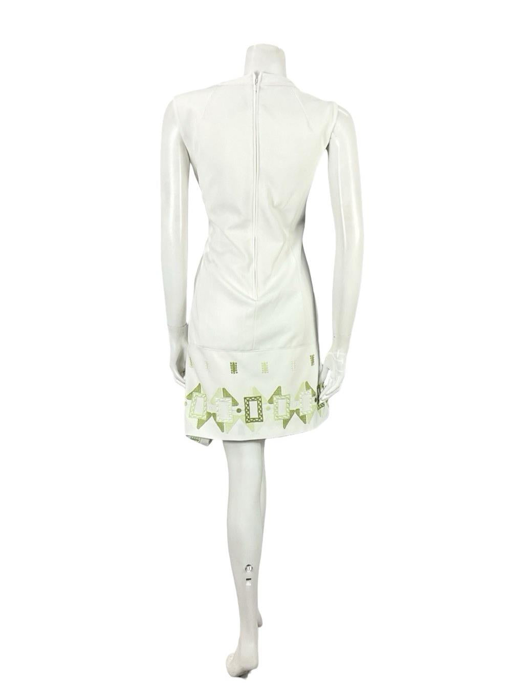 VTG 60S 70S LUCIE LINDEN WHITE GREEN GEOMETRIC MOD EMBROIDERED SHIFT DRESS 12 14