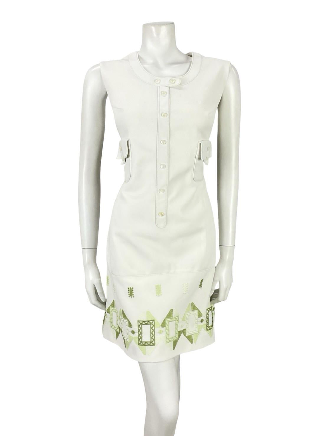 VTG 60S 70S LUCIE LINDEN WHITE GREEN GEOMETRIC MOD EMBROIDERED SHIFT DRESS 12 14