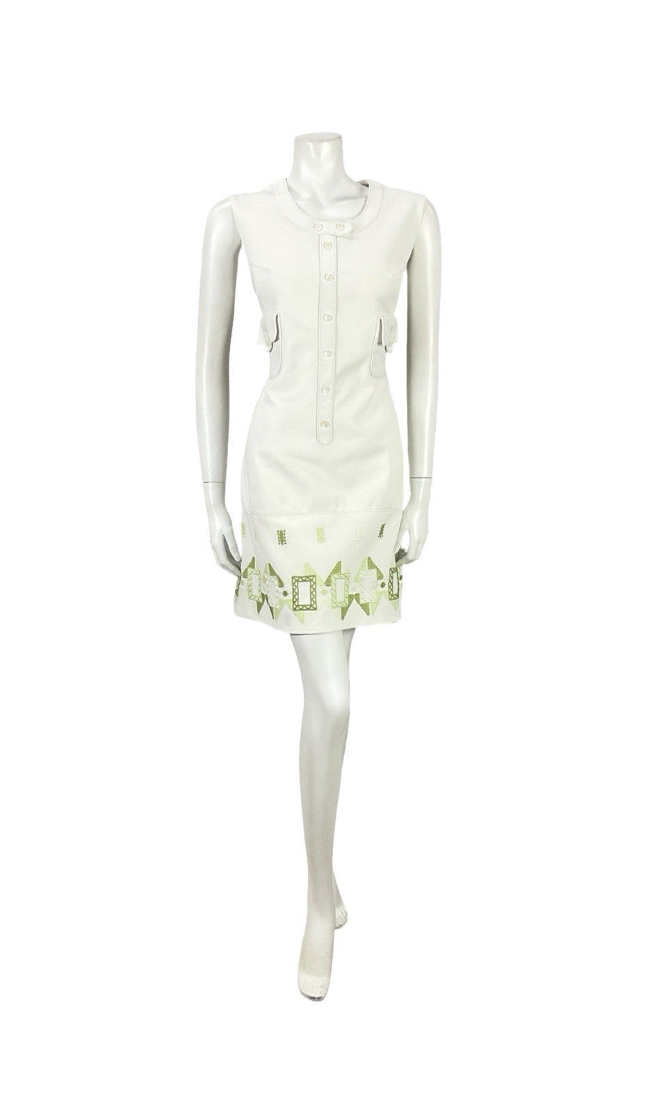VTG 60S 70S LUCIE LINDEN WHITE GREEN GEOMETRIC MOD EMBROIDERED SHIFT DRESS 12 14