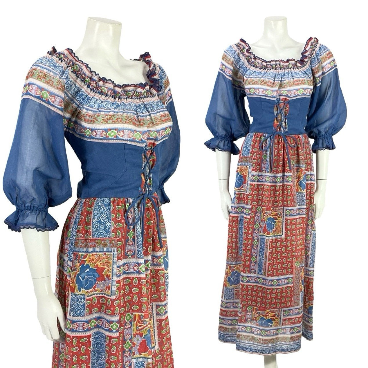 VTG 70S BLUE RED WHITE FLORAL PUFF SLEEVE LACE FLORAL PAISLEY BOHO DRESS 6 8