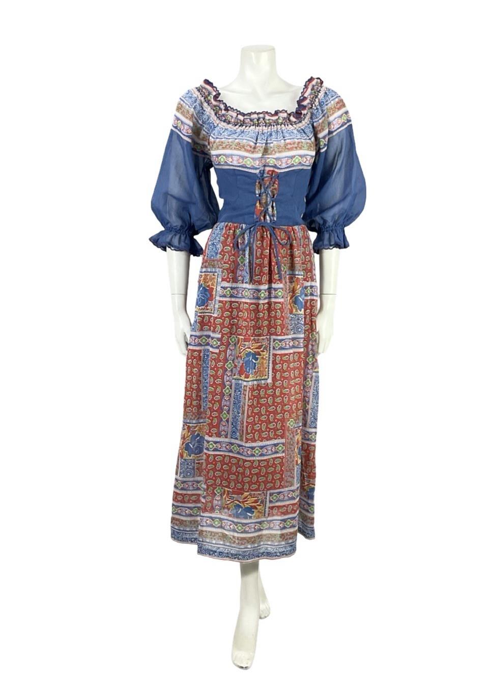 VTG 70S BLUE RED WHITE FLORAL PUFF SLEEVE LACE FLORAL PAISLEY BOHO DRESS 6 8